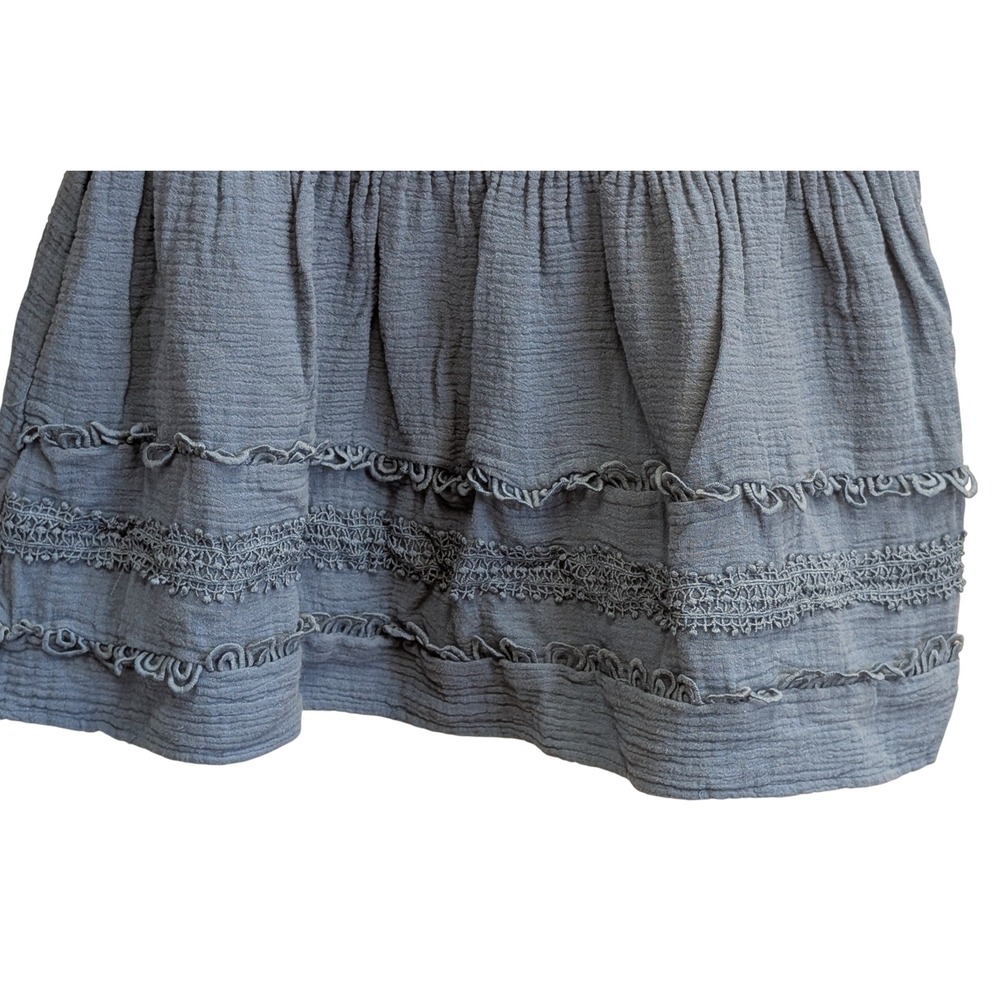 Alice Blue Smocked Waist Mini Skirt Blue Cotton Gauze Crochet Lace Ruffle L Boho - Picture 4 of 9